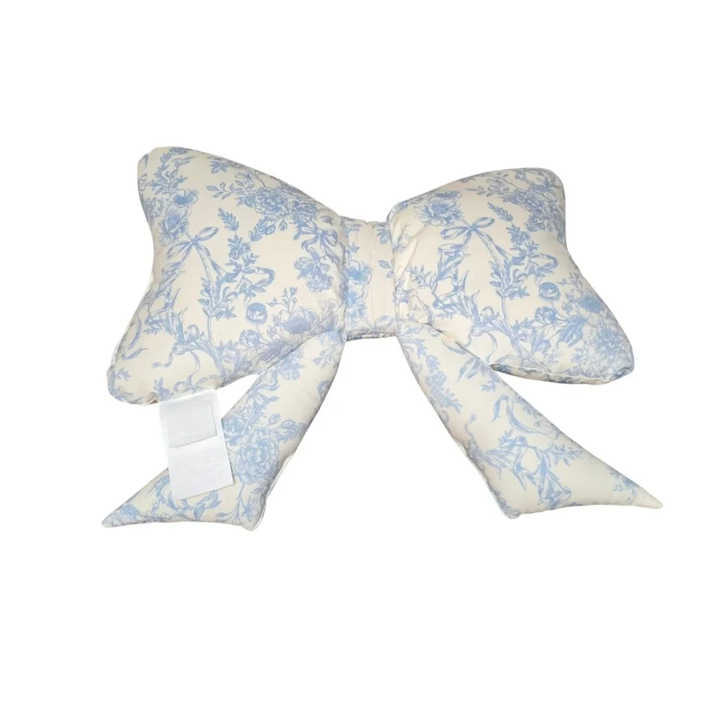 Envogue Blue Floral Toile Pattern Decor Bow‎ Pillow Viral Coquette Cottagecore